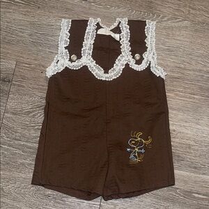 Vintage snoopy Brown Lace Trimmed Romper with Embroidery 12 months peanuts
